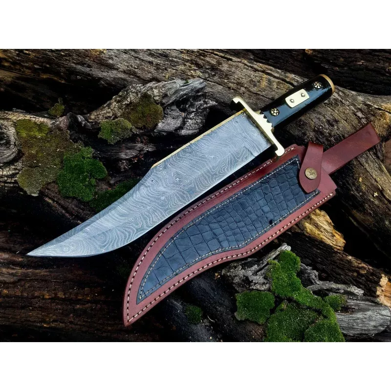 13-Inch Damascus Steel Cowboy Bowie Knife with Buffalo Horn Handle & Leather SheathPerfect Gift for Knife Enthusiasts
