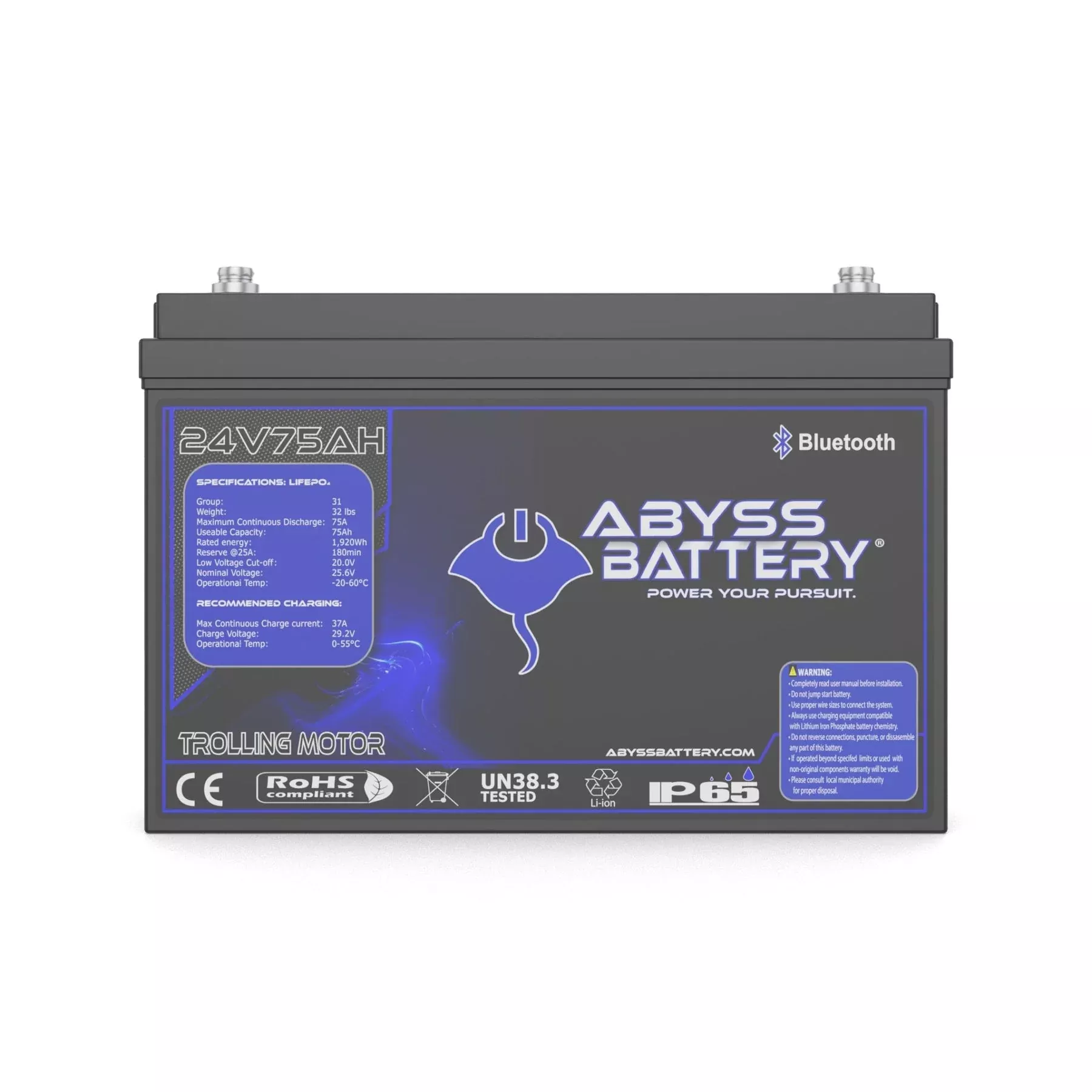 Abyss | Lithium Trolling Motor Battery | Model AB-24V75-BT | Voltage 24V 75Ah | Group 31 | Bluetooth BMS | Built-In Heating | IP65 Waterproof