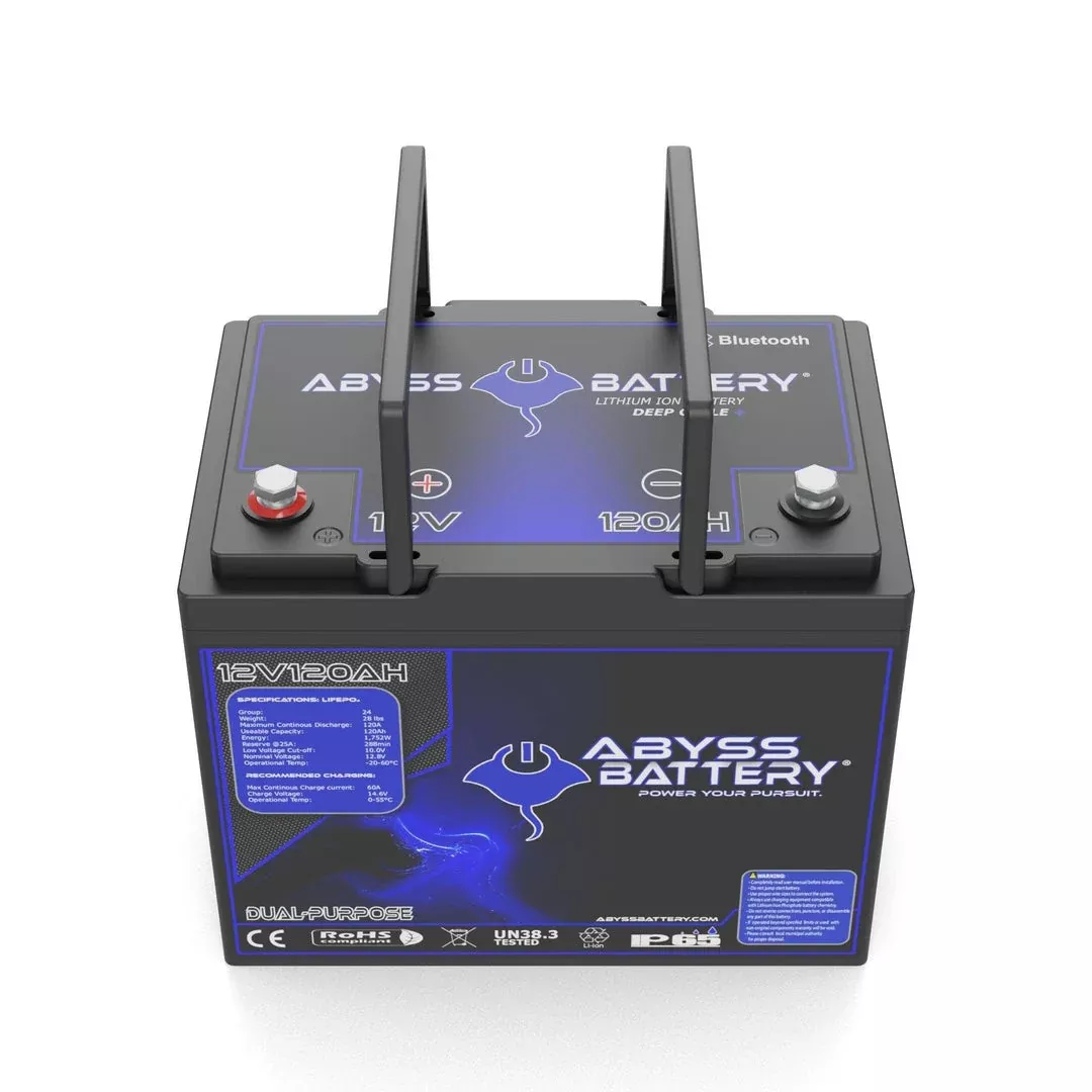Abyss | Marine Lithium Battery | Model AB-12V100-DP | 1500 CCA / 100Ah | Group 24 | Dual Purpose Cranking & Deep Cycle | Bluetooth BMS | Built-In Heating | IP65 Waterproof