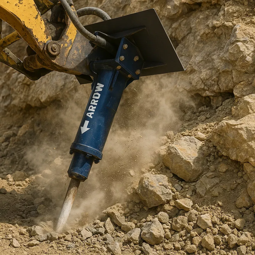Arrowhead | Rockdrill’s Hydraulic Hammer | Models E680, E780 | Tool Diameter 2.7″ & 3.1″ | Flow Rate 8–32 GPM | For Skid Steers