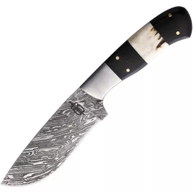 BnB Knives BNB15246 Cowboy Hunter Fixed Knife 4.50" Damascus Plain Edge Blade, Horn/Stag Handle and Premium Leather Sheath