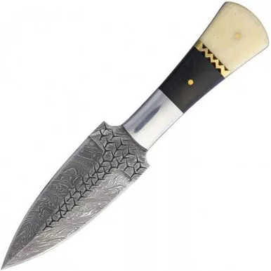 BnB Knives BNB15916 Boot Hunt Dagger 4.00" Damascus Plain Edge Blade, Bone/Micarta Handle and Genuine Leather Sheath