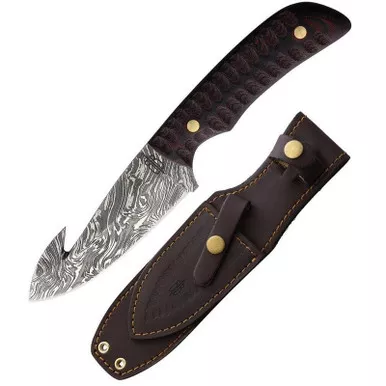 BnB Knives BNB92345D Guthook Hunter Fixed Knife 3.50" 1095 Damascus Plain Edge Blade, G10 Handle and Leather Sheath