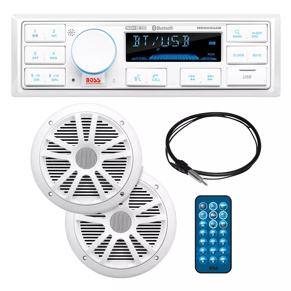 Boss Audio MCK500WB.6 Kit w/MR500UAB, 2 MR6W Speakers, MRANT10 Antenna,White Remote [MCK500WB.6]