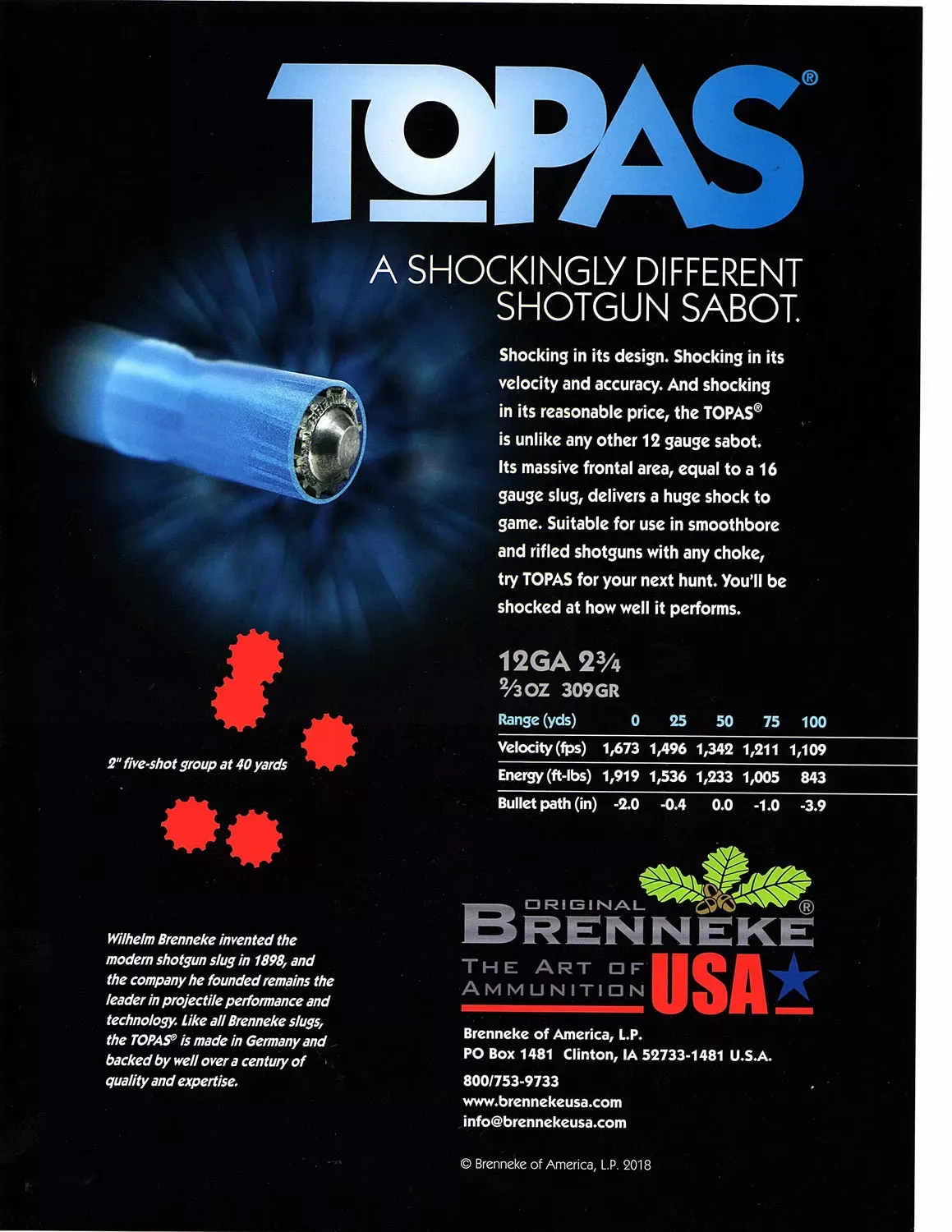 Brenneke TOPAS Sabot, 12 GA, 2 3/4'', 2/3oz slug, 1673 fps