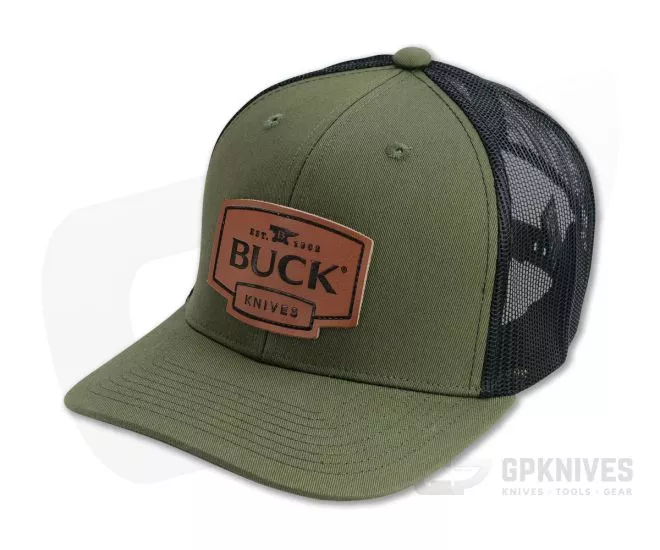 Buck Knives Leather Logo Patch OD Green Mesh Back Trucker Hat #89183