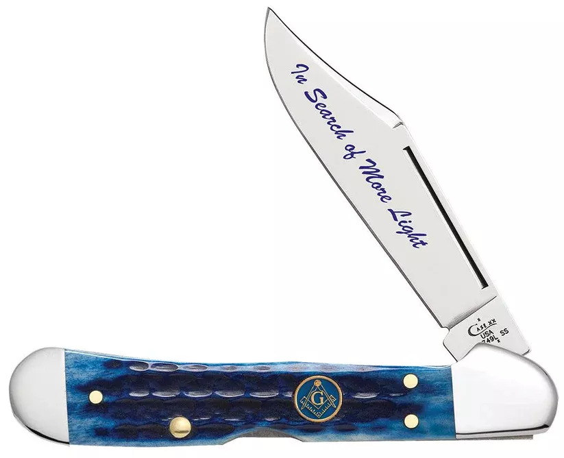 Case Knife Masonic Gift Tin Corn Cob Jig Blue Bone Mini CopperLock Knife #25531