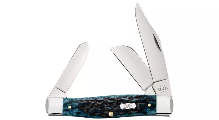 Case Pocket Worn Peach Seed Jig Mediterranean Blue Bone Large Stockman Knife #51861