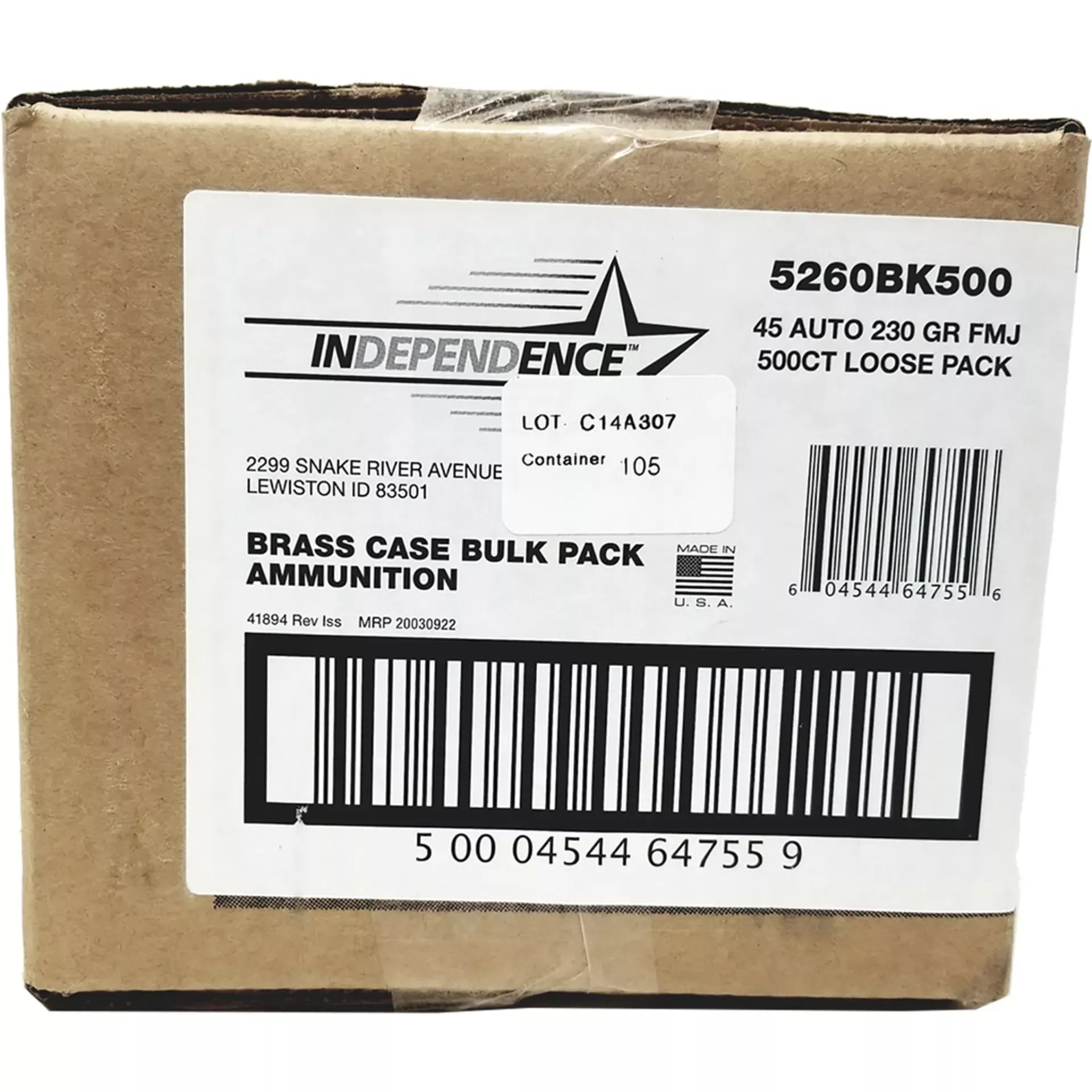 CCI Independence Bulk 45 ACP 230 Gr FMJ 500 Round Box 5260BK500