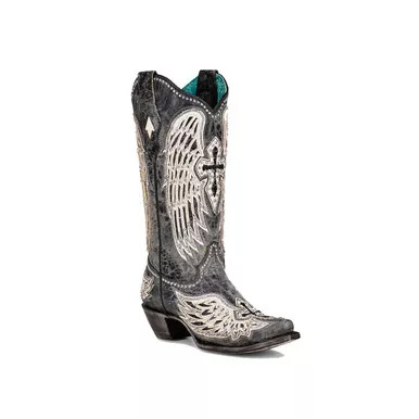 CORRAL Women's Black Cross & Wings Overlay & Studs Snip Toe Western Boots (A4232)