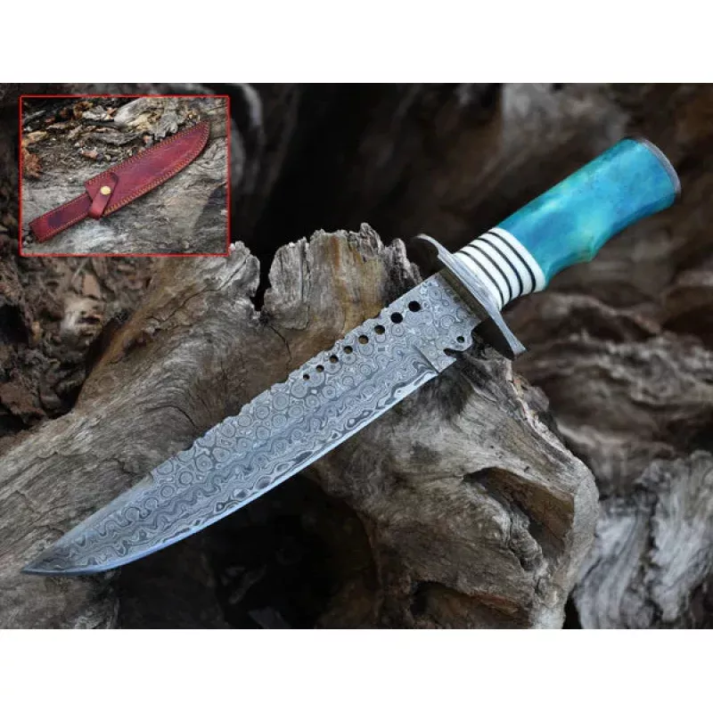 Custom Handmade 13 Damascus Steel Civil War Bowie Knife with Camel Bone Handle and Leather Sheath