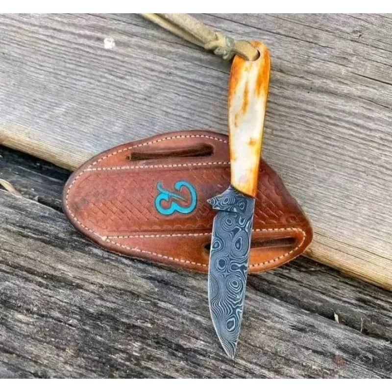 Custom Handmade Damascus Belt Knife with Camel Bone Handle