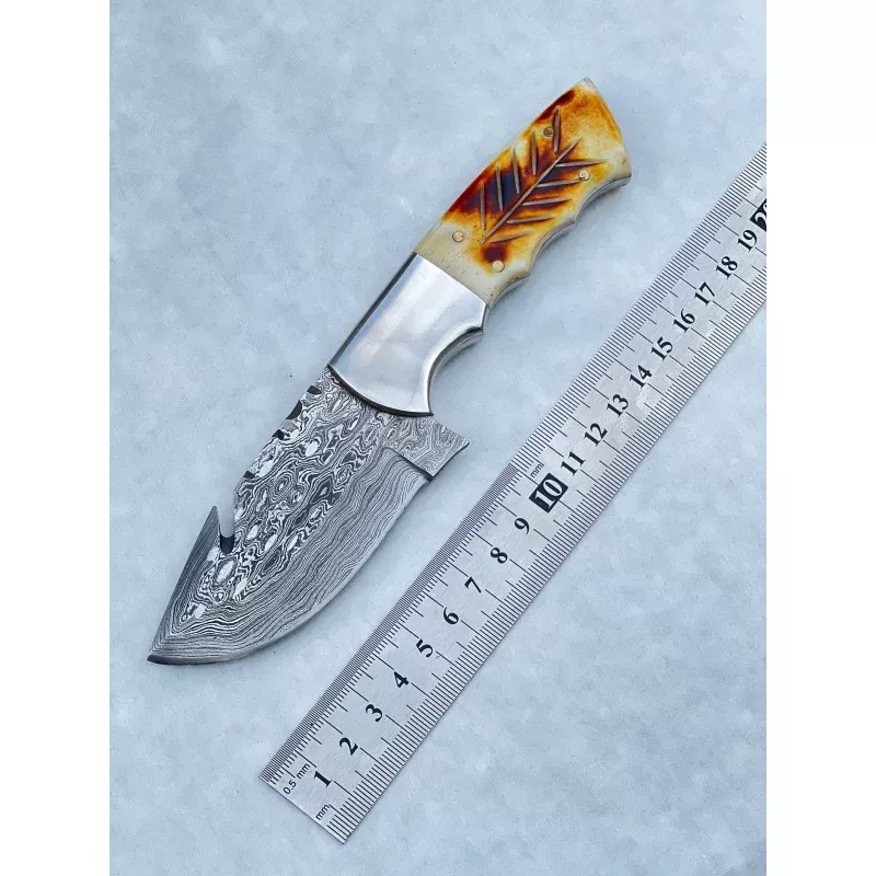Damascus Steel Fixed Blade Knife with Camel Bone & Rosewood Handle – 7.5 Custom Pocket Knife with Leather Sheath