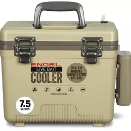 Engel 7.5 Quart Live Bait Pro Cooler with AP3 Rechargeable Aerator & Stainless Hardware - Tan