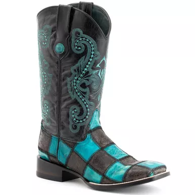 FERRINI Men's Patchwork S-Toe Black/Teal Boots (1139350)