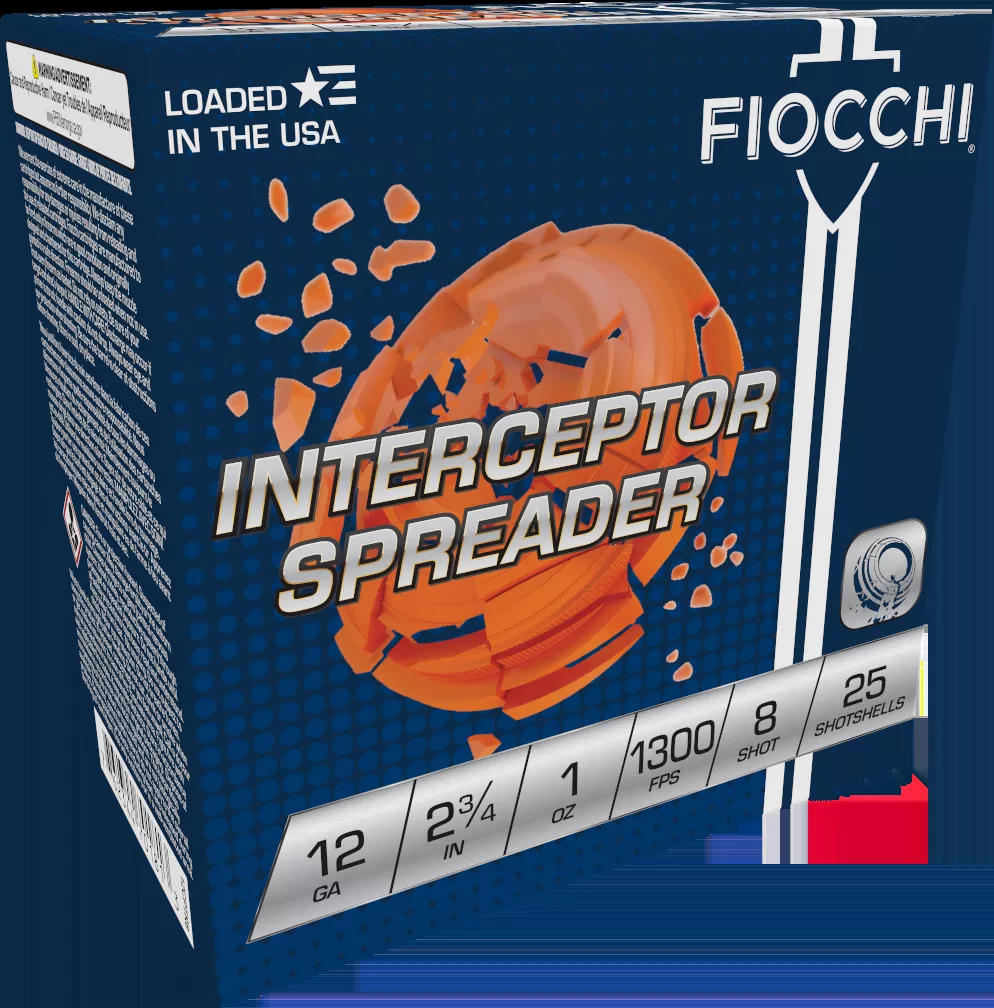 Fiocchi Exacta Target Interceptor Spreader 12 Gauge Shotshells 2 3/4″ 1 oz 1300 fps #8 Shot 25 Shells Per Box