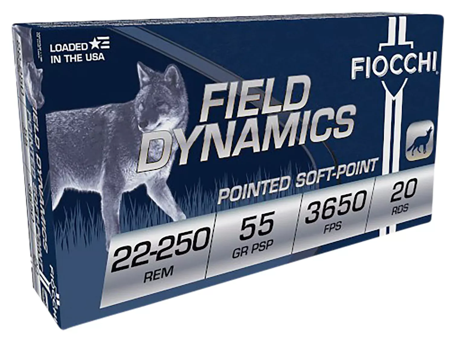 Fiocchi Field Dynamics 22-250 Rem Ammo 55 Grain Pointed Soft Point 3650fps 20 Cartridges Per Box