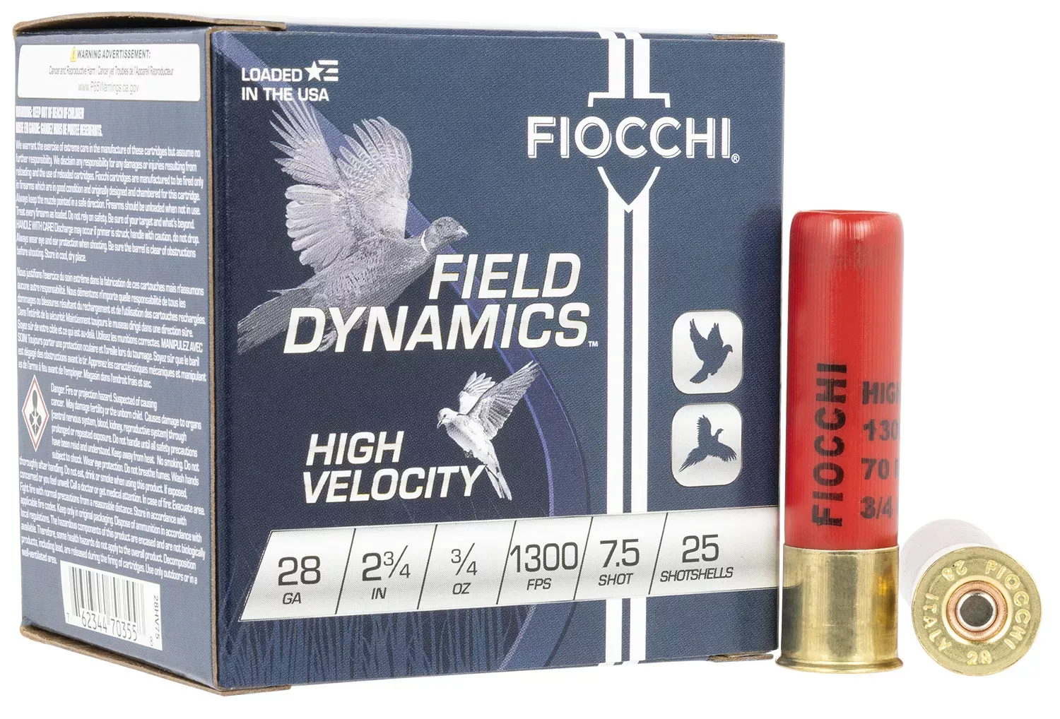 Fiocchi Field Dynamics High Velocity Shotshells 28ga 2-3/4″ 3/4 oz #7.5 Chilled Lead Shot 25 Shells Per Box