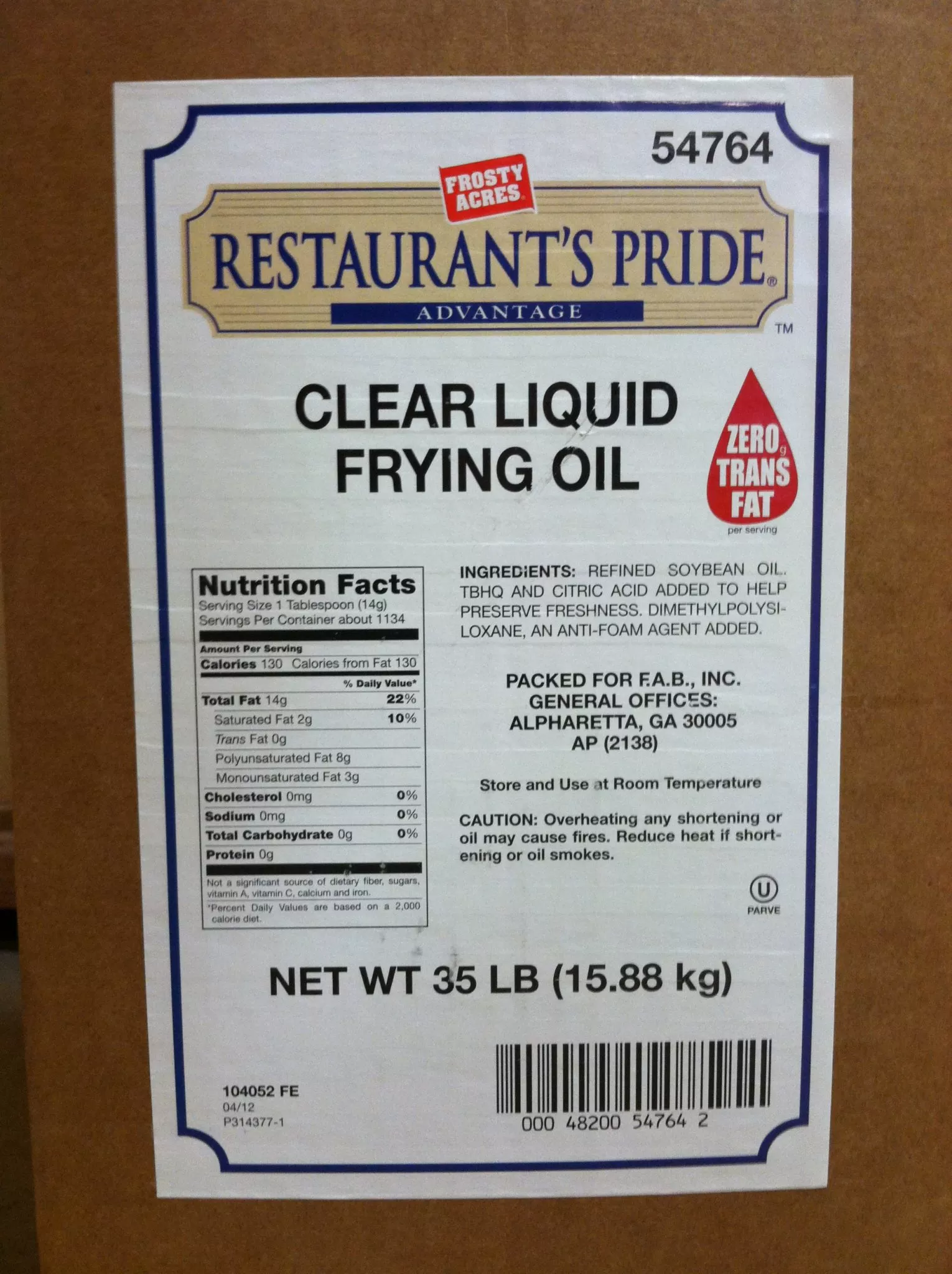 Frosty Acres Restaurant’s Pride Clear Liquid Frying Oil