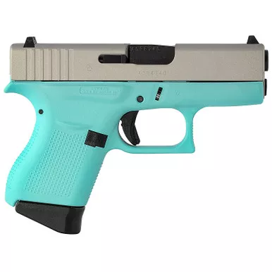 Glock 43 9mm Single Stack Pistol with Robins Egg Blue Cerakote Frame and Silver Slide