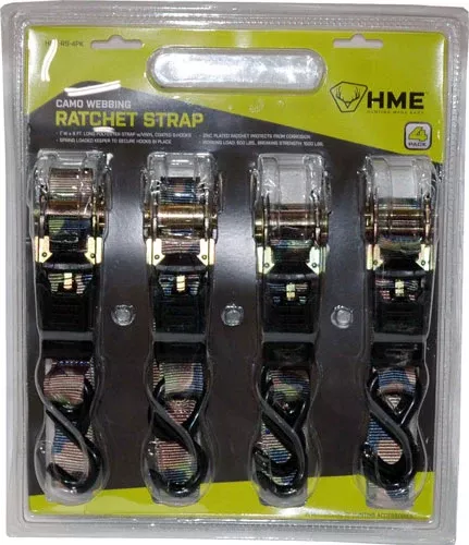 HME Ratchet Strap – Camo | Strap Dimensions 1″ Wide × 8′ Long | Working Load 500 lbs | 4 Straps Per Pack