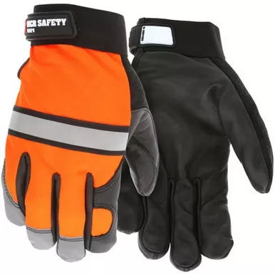 MCR Safety 921 Premium Cow Grain Palm, Hi-Vis Back, Reflective Knuckle Stripe & Fingertips Mechanics Gloves