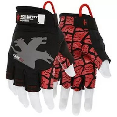 MCR Safety PD1901 Predator TaskFit Black Fingerless Synthetic Leather Palm w/ Red Silicone Tire Tread Mechanics Gloves w/ Adjustable Hook & Loop