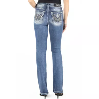 MISS ME Women's Mid-Rise Black Leather Angel Wings Medium Blue Bootcut Jeans (M3080B52)