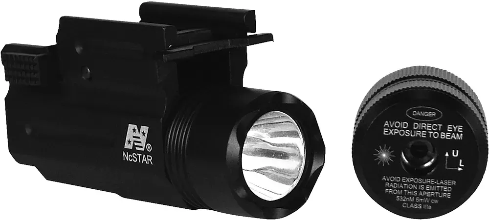NcStar Green Laser/FlashlightFor Universal w/Accessory Rail 150 Lumens/5mW Output, White Cree LED Light/Green Laser QR Weaver/Picatinny Mount Black Anodized Aluminum