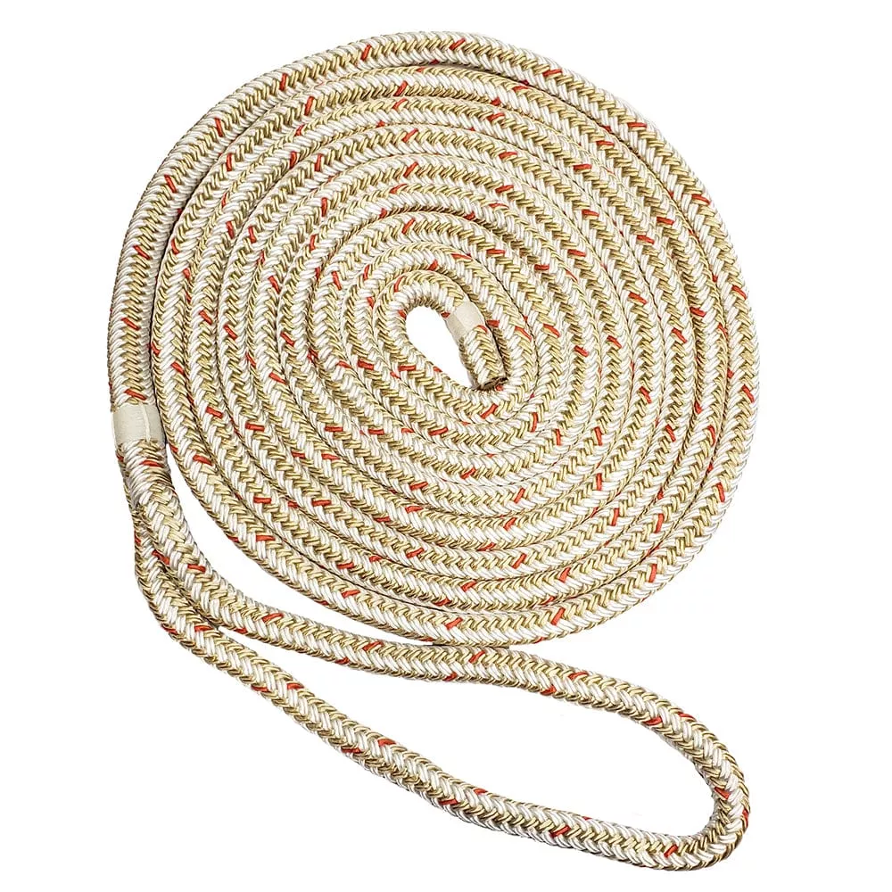 New England Ropes 3/8″ x 25′ Nylon Double Braid Dock Line – White/Gold w/Tracer