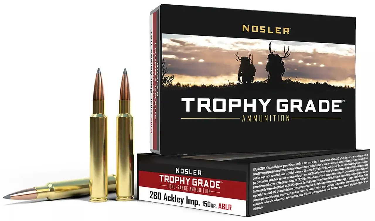 Nosler Trophy Grade Long-Range 280 Ackley Improved Ammo 150 gr Nosler Spitzer ABLR 20 Rounds 60116