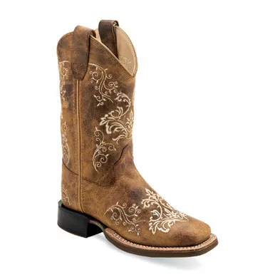 OLD WEST Youth Broad Square Toe Burnt Tan Cowboy Boots (BSY1958)