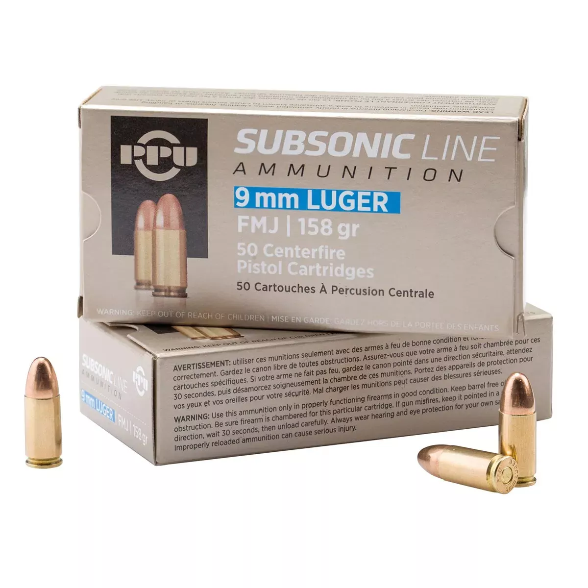 PPU Subsonic 9mm Luger Subsonic 158 gr Full Metal Jacket (FMJ) 50/Box