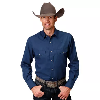 ROPER Men's Solid Broadcloth Denim Blue Long Sleeve Pearl Snap Western Shirt (01-001-0025-0661-BU)