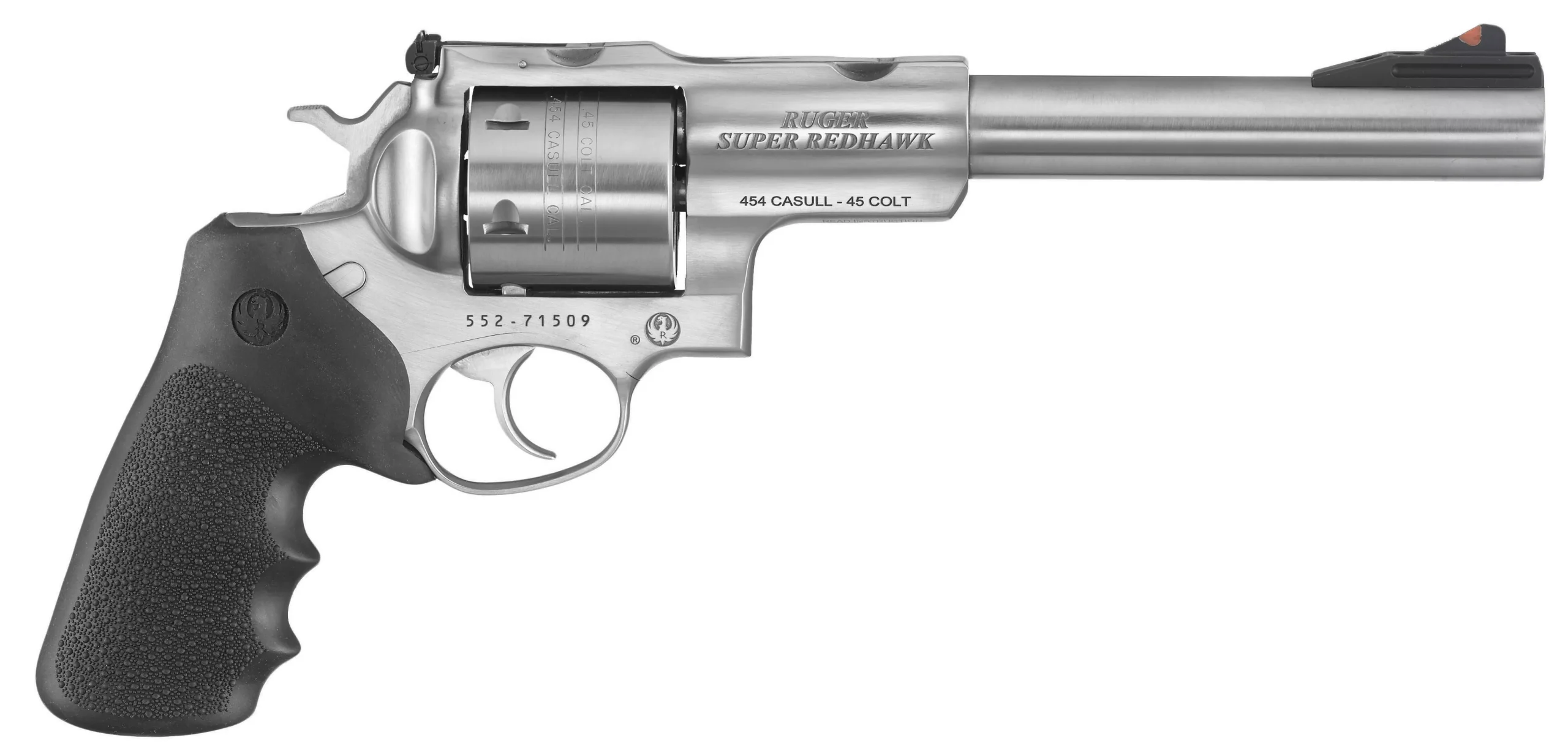 Ruger 5507 Super Redhawk 480 Ruger Caliber with 7.50" Integrated Base Barrel, 6rd Capacity Cylinder, Overall Satin Finish Stainless Steel & Finger Grooved Black Hogue Monogrip Grip Revolver