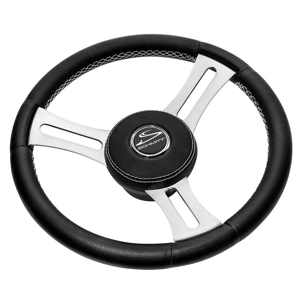 Schmitt & Ongaro Torcello Elite 14″ Wheel – Black Leather & Cap – White Stitching – Polished SS Spokes – 3/4″ Tapered Shaft