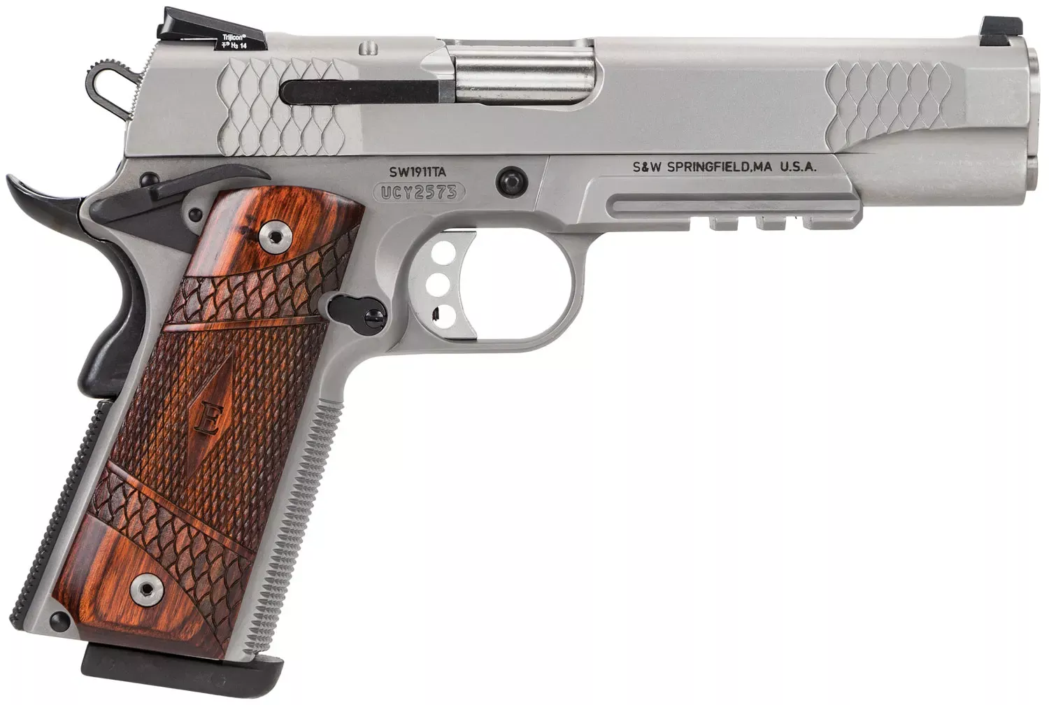 Smith & Wesson 1911 E-Series Rail 45 ACP Pistol 5″ 8+1 Matte Silver Satin Stainless