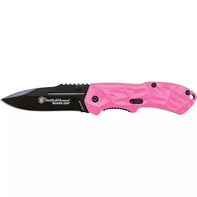 Smith & Wesson SWBLOP3SMP Black Ops Mini M.A.G.I.C. Assisted Opening Liner Lock Folding Knife 3.40" 4034 Stainless Steel Straight Edge Drop Point Blade, Pink Aluminum Handle
