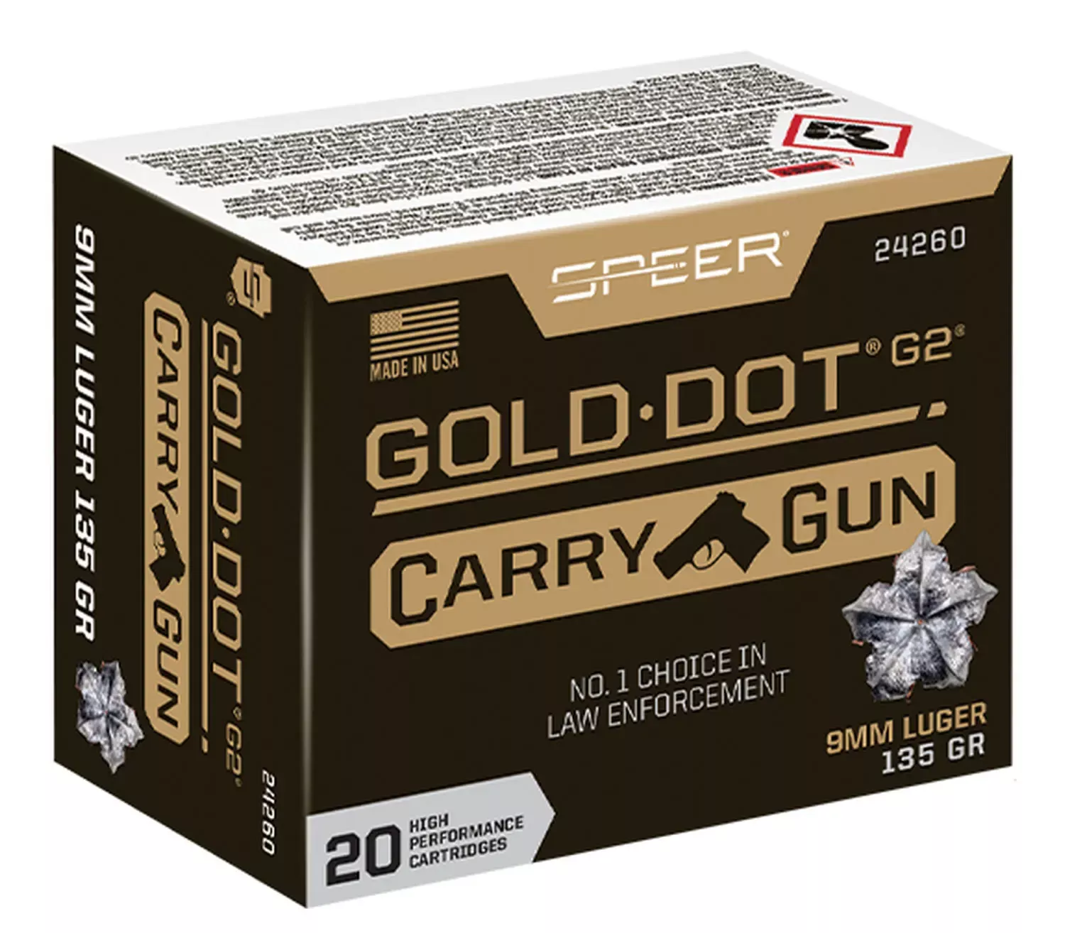 Speer Gold Dot Carry Gun 9mm Luger Ammo 135gr Hollow Point 20 Rounds 24260