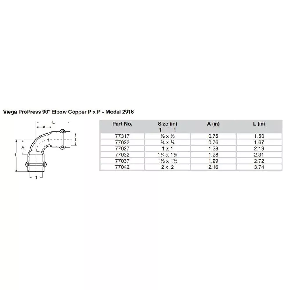 Viega ProPress 1/2" - 90° Copper Elbow - Double Press Connection - Smart Connect Technology