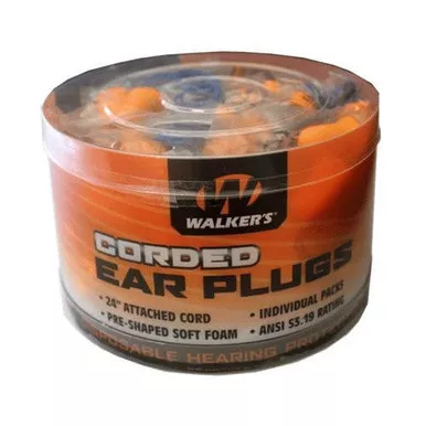 Walker's GWP-CORDPLGBKT Corded Foam Ear Plugs, 50 Pair Jar
