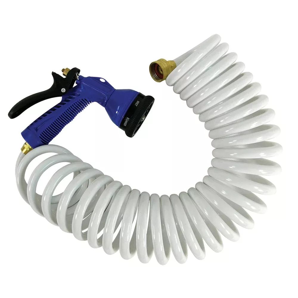 Whitecap 25′ White Coiled Hose w/Adjustable Nozzle